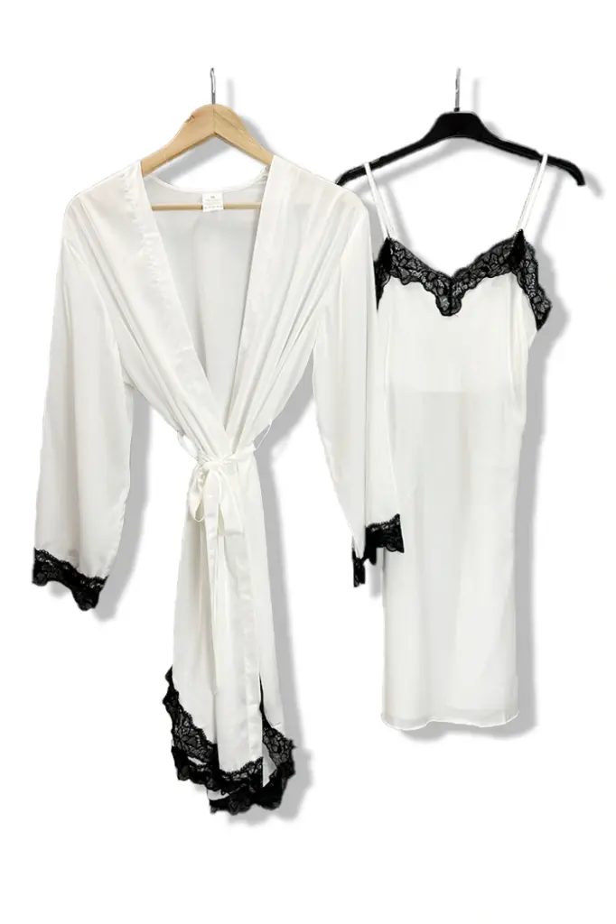 Ensemble Pyjama satin Nuisette et Peignoir Blanc
