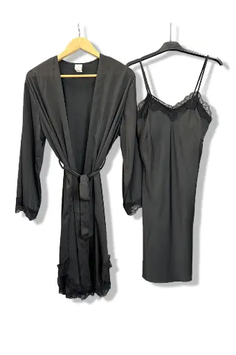 Ensemble Pyjama satin Nuisette et Peignoir Noire